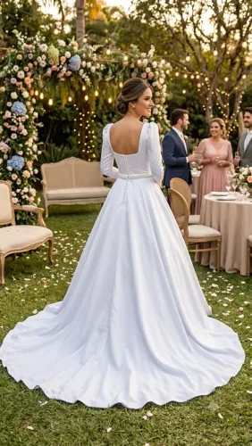 Vestido Noiva Lindo Novo Minimalista Elegante Delicado Decote Quadrado Com Cauda