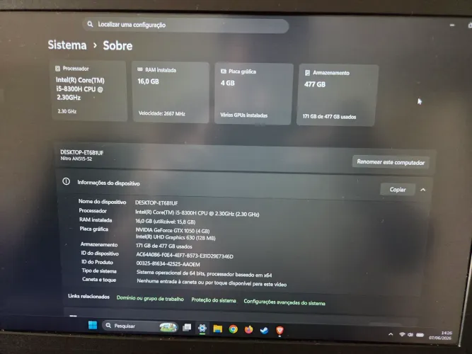 Notebook Gamer Acer Nitro 5 (i5 8ª Ger, GTX 1050, 8GB RAM, SSD 512GB) - Ótimo Estado