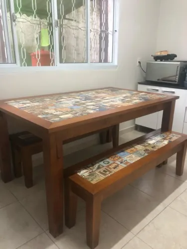 Mesa De Jantar 164cm Rústica Com 02 Bancos Wood De Madeira Maciça Pinus W02 Imbuia
