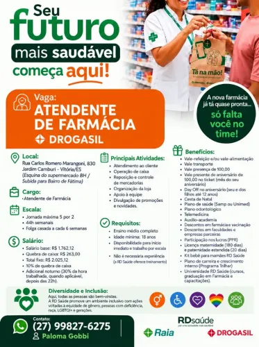 VAGA PARA ATENDENTE DE FARMÁCIA 
