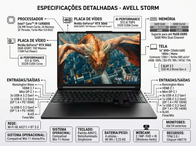 Notebook avell 560 i9-14 rtx 5060 8gb