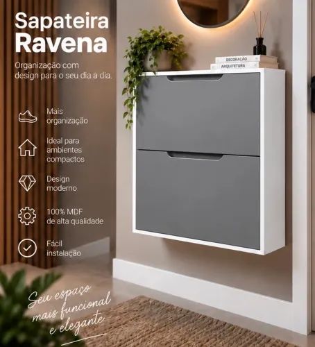 Sapateira Ravena 2 Portas Basculantes em MDF 15mm - Compacta e Moderna