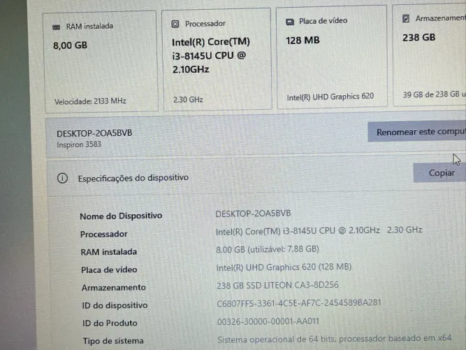 Notebook Dell core i3 8?th, 8gb ram +ssd