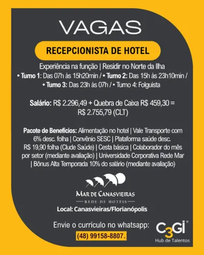 Vaga: Recepcionista de Hotel - Bairro: Canasvieiras