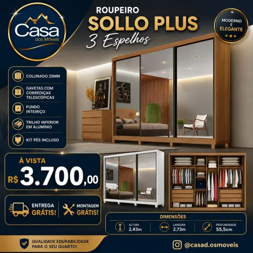 Roupeiro Sollo Plus c/ 03 espelhos e pés<br>