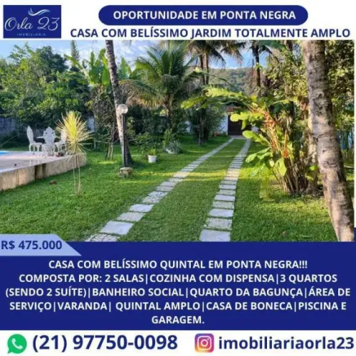 PONTA NEGRA ORLA 23 IMOBILIÁRIA VENDE! BELÍSSIMA CASA COM 3 QUARTOS EM MARICÁ.