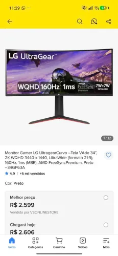 Monitor 34 lg ultragear 160hz 1ms novo