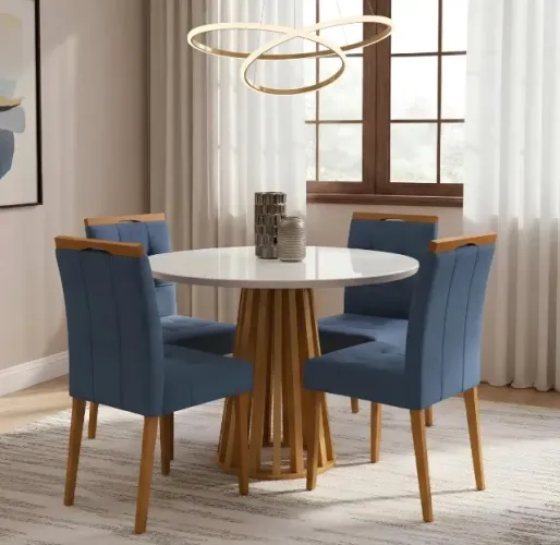 Conjunto de Jantar Redondo Moderno 4 Lugares Cinamomo com Off White e Veludo Azul