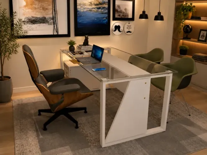 Mesa de Escritório. Em Madeira Maciça, square trapeze executive. Luxo. Com Vidro Temperado