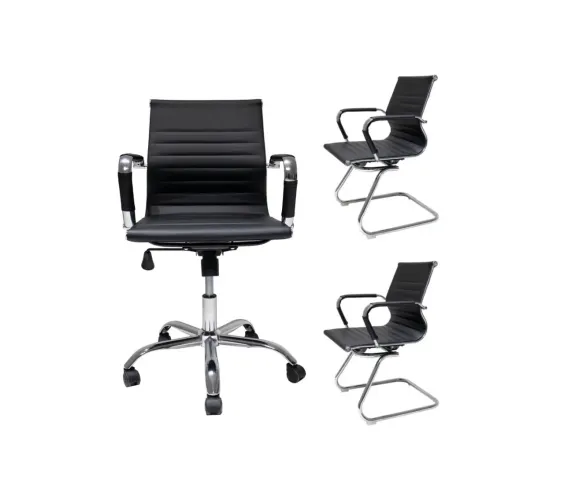 Kit Conjunto Cadeira de Escritório Diretor Eames + 2 Cadeiras de Escritório Fixa