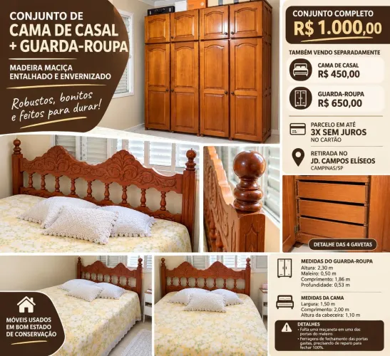 CONJUNTO DE CAMA DE CASAL + GUARDA-ROUPA EM MADEIRA MACIÇA