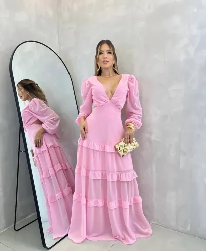 Vestido longo decote V manga cumprida elegante