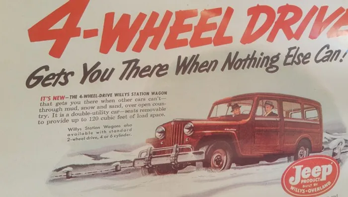 POSTER PUBLICIDADE ANOS 50<br>*WILLYS OVERLAND  Veículos 4x4.JEEP POSTER 50X70 Cm<br>