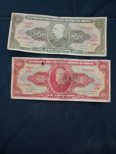 Cédulas Antigas do Brasil - 5 e 100 Cruzeiros