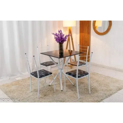 Mesa Rio Base Ipanema Branco Tampo Preto 68X68 MDF 4 Cadeiras Rio