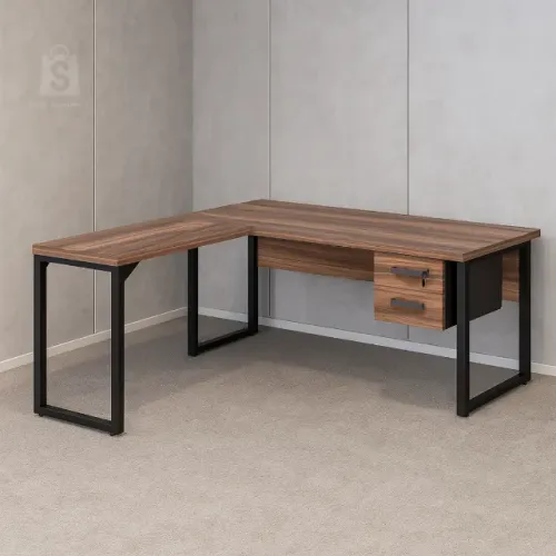Mesa em L Pé Quadro 1,50m + Mesa Auxiliar Gavetas Nogal Sevilha/Preto Moderna 24477