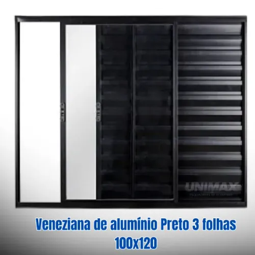 Veneziana de Alumínio Preta 3 Folhas de Correr 100x120 - Linha Ecosul