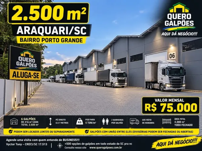 3-Galpoes de 1.250 m2 Araquari sc Bairro Porto Grande