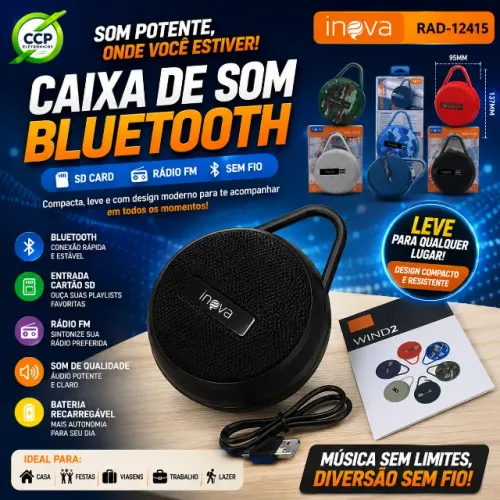 Caixa De Som Bluetooth Portátil Inova Redonda Display Rádio, Usb Bluethooth