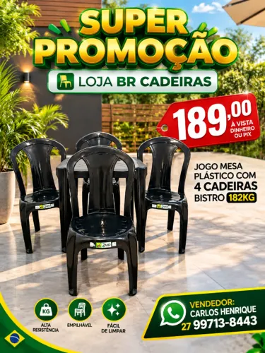 4 Cadeira Plástico Bistro 182kg + Mesa 70x70 - Jogo Completo