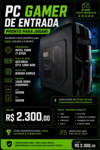 PC Gamer de Entrada - i7 8700 + GTX 1060 6GB