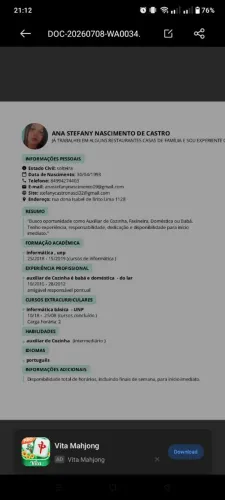 "Disponível para serviços de limpeza, cuidados com crianças e casa"