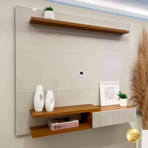 Painel TV até 55" Amadeirado com Prateleiras 135cm