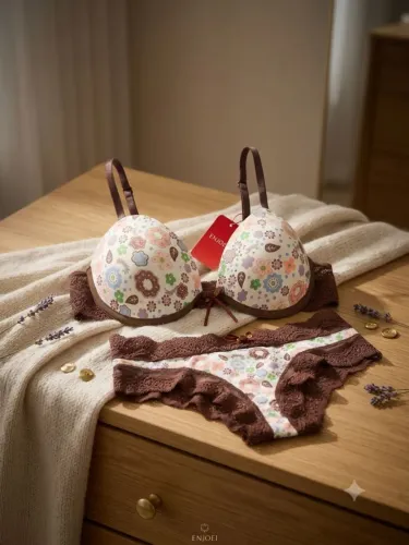 Conjunto Lingerie Granero Floral e Renda Marrom - Tam M!