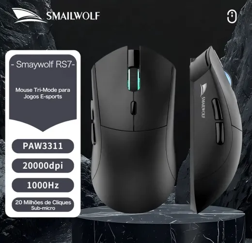 Mouse RS7 Sensor PAW3311 Tri-Mode (2.4G/BT/Cabo) SMAILWOLF Preto