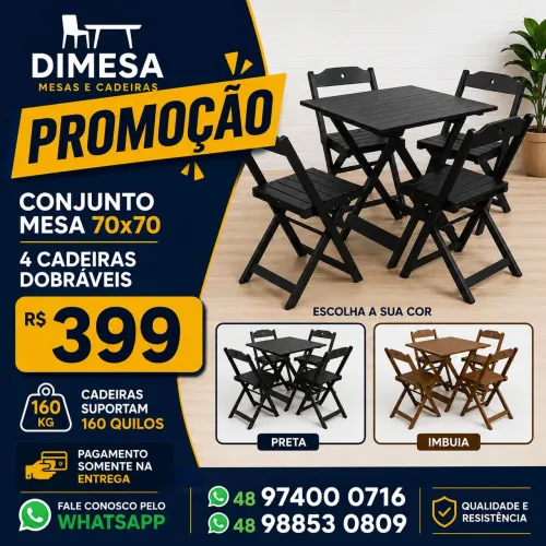 Kit 70x70 + 4 cadeiras Preto ou Imbuia 
