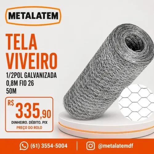 Tela Viveiro 1/2" Galvanizada - 0,8m - Fio 26 - Rolo 50 Metros