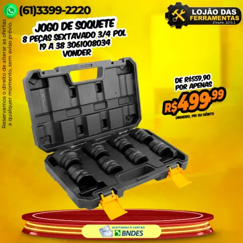 Jogo de Soquete 8 Peças Sextavado 3/4 Pol 19 a 38 3061008034 Vonder
