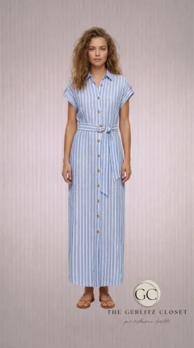 Zara Vestido midi listrado azul e branco - estilo camisa - com cinto