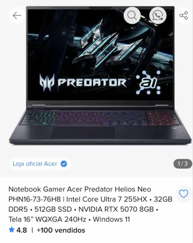 Notebook Gamer Acer Predator Intel Core Ultra 7 ? 32GB DDR5 ? 512GB SSD