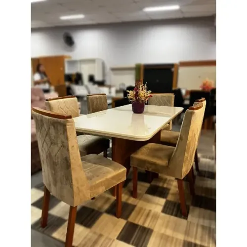 Mesa de Jantar 6 Cadeiras Tampo Laqueado 1,70m Bege