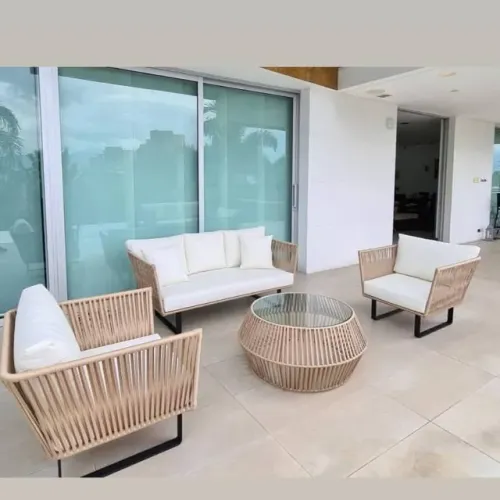 CONJUNTO SOFÁ DE CORDA NÁUTICA + MESA DE CENTRO COM TAMPO DE VIDRO