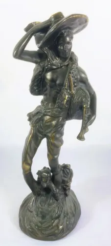 Grande Escultura Metal patinado representando Camponês e seu cachorro ao gosto europeu