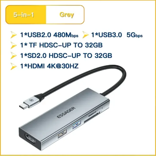 Mobilador Essager 5 em 1 Hub USB-C Compatível com MacBook Pro/Air, iPad Pro