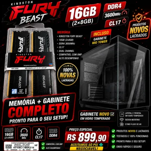 Kingston Fury Beast 16GB (2x8GB) DDR4 3600MHz CL17 ? KF436C17BBK2/16 + Gabinete Aquário
