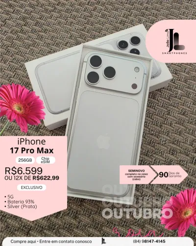 IPHONE 17 PRO MAX, 5G, 256GB, CHIP ESIM, SILVER, SEMINOVO, EXCLUSIVO!