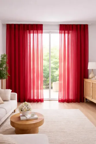 Cortina em Voil Vermelho | Prega Macho no Trilho Suíço - 3,00x3,00