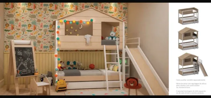 Beliche Montessoriano Açai com Casinha e Cama Auxiliar Cia do Móvel Semi-Novo