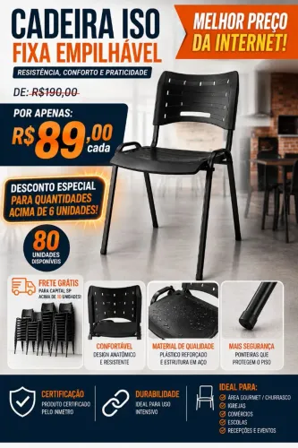 Cadeira Ferro fixa Preta Inmetro confortável ideal para igreja, recepção, casa, escola