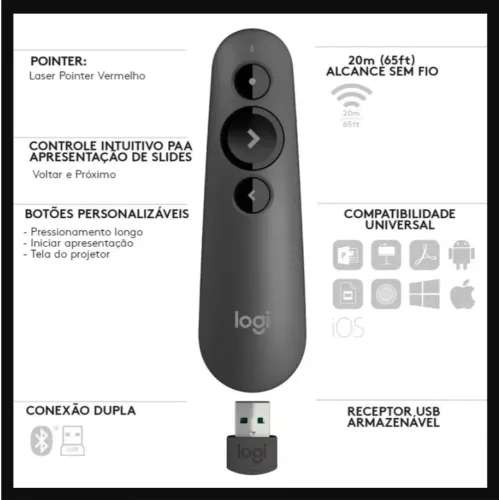 Apresentador Slides Logitech R500S Sem Fio Bluetooth USB Laser 20m - Alta Precisão!
