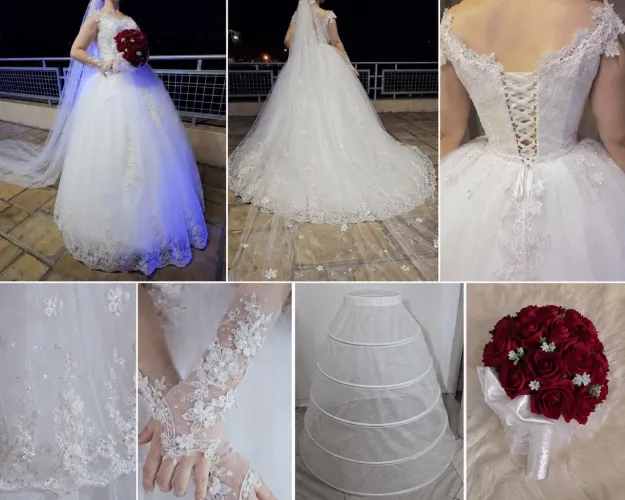 Vestido de Noiva Completo ? Vestido + Véu + Luvas + Armação + Buquê