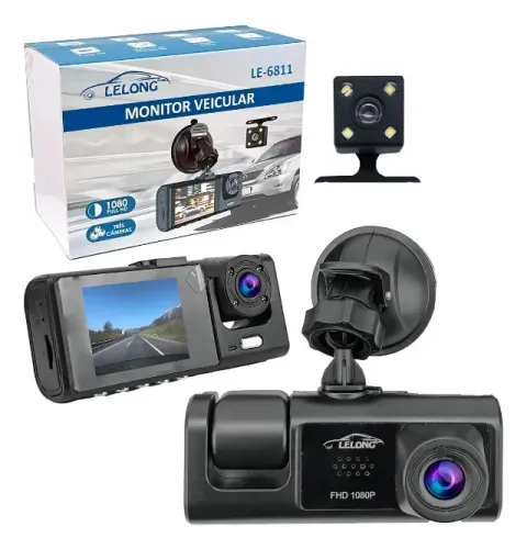 Câmera Veicular Lelong LE-6811 Full HD 1080P Tripla com Visão Noturna