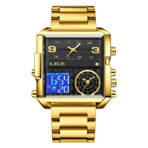 Relógio Lige Movimento Eletrônico Quartzo Masculino Social Dourado Preto Aço