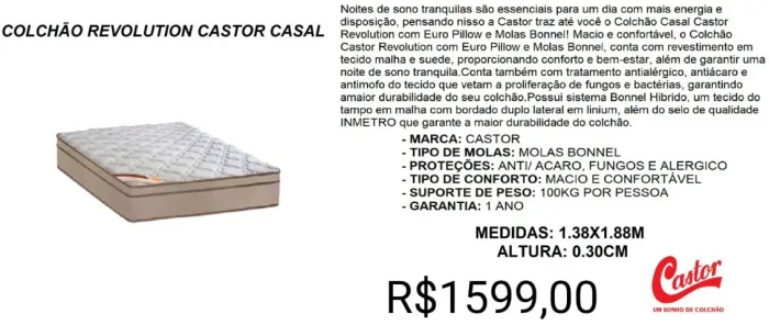 COLCHÃO CASAL CASTOR MOLAS 30CM