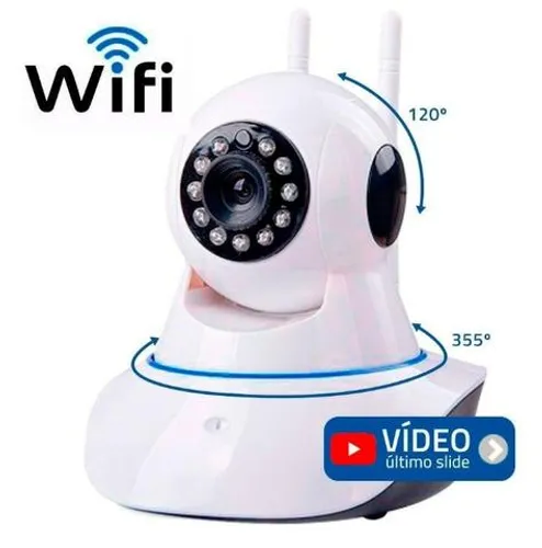Camera Ip Sem Fio Hd 720p Wifi Noturna Gira 360 Grava em Cartão SD 3 Antenas