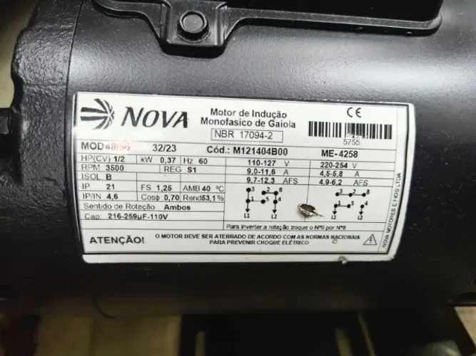 Motor Elétrico Nova Motores 1/2 CV 2 Polos Alta Rotação Monofásico Seminovo